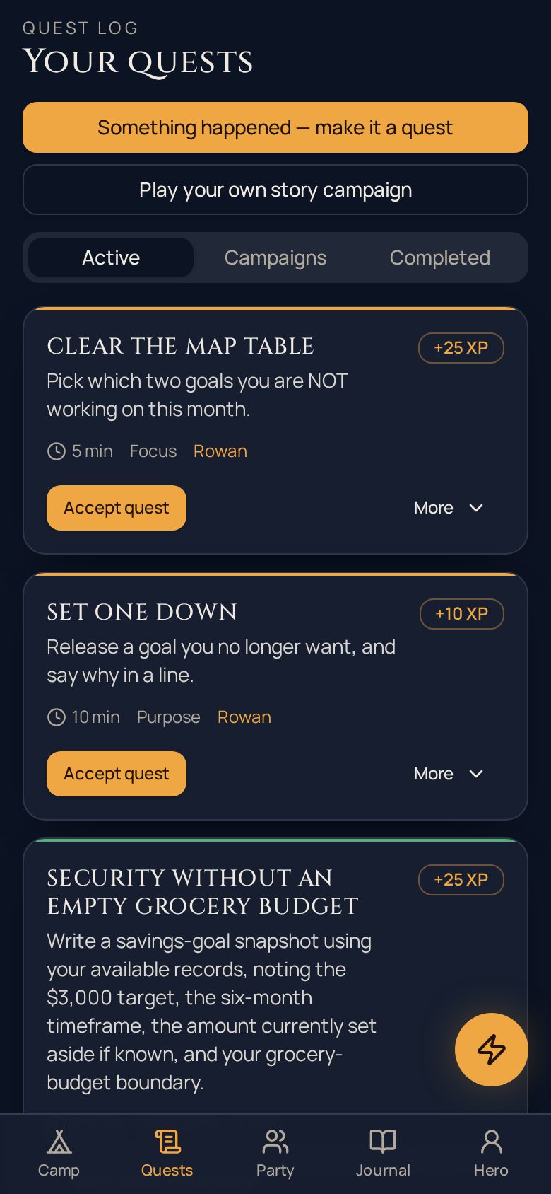 Your quest log, with what each one pays